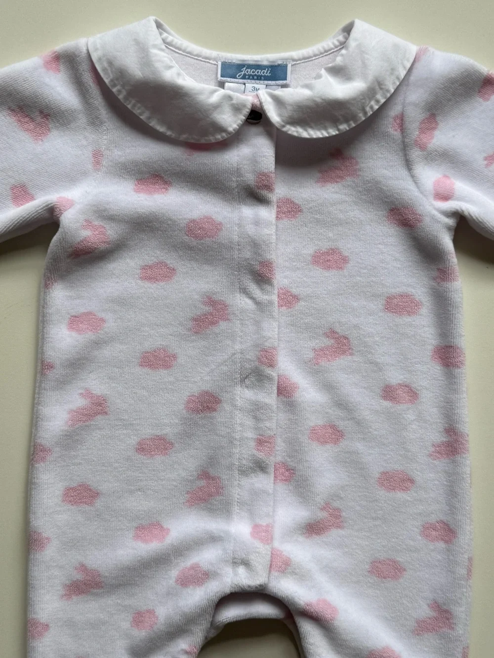 Jacadi Baby Girl White Velvet Footie Pajamas with Pink Clouds & Rabbits - Sz. 3M